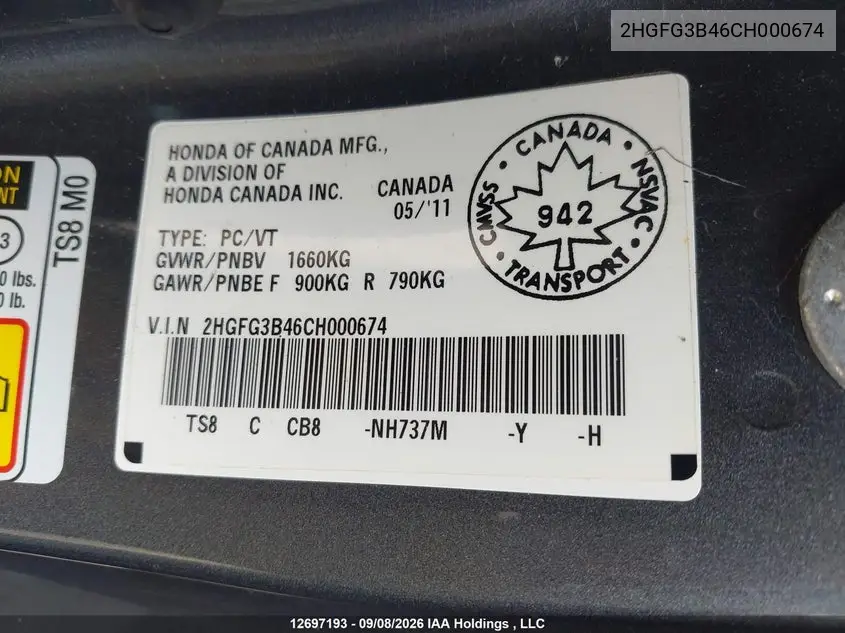 2012 HONDA CIVIC VIN 2HGFG3B46CH000674 — фото 9