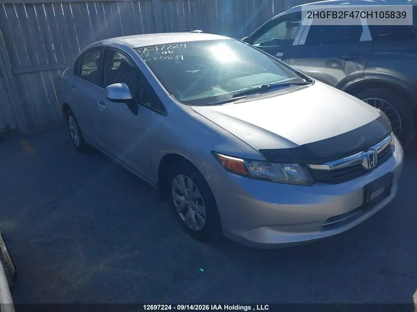 HONDA CIVIC 2012, VIN 2HGFB2F47CH105839