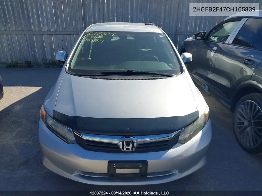 2012 HONDA CIVIC VIN 2HGFB2F47CH105839 — фото 10