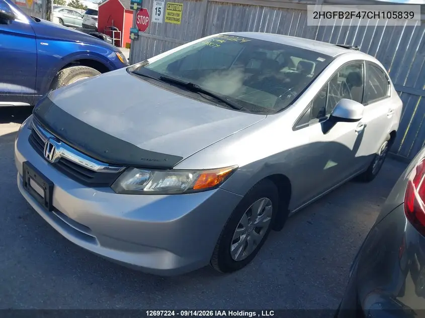 2012 HONDA CIVIC VIN 2HGFB2F47CH105839 — фото 2
