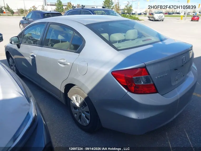2012 HONDA CIVIC VIN 2HGFB2F47CH105839 — фото 3