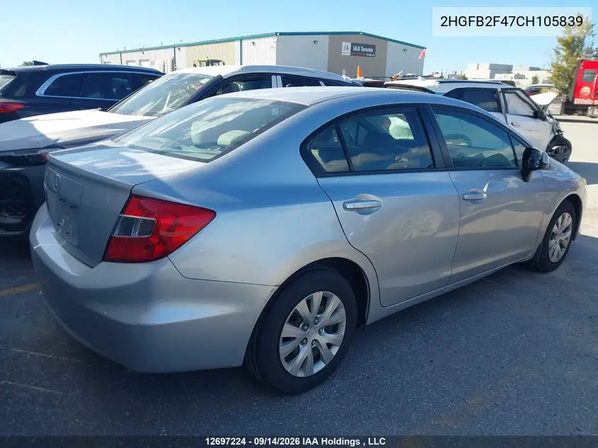 2012 HONDA CIVIC VIN 2HGFB2F47CH105839 — фото 4