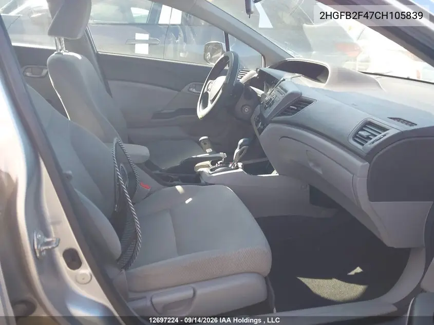 2012 HONDA CIVIC VIN 2HGFB2F47CH105839 — фото 5
