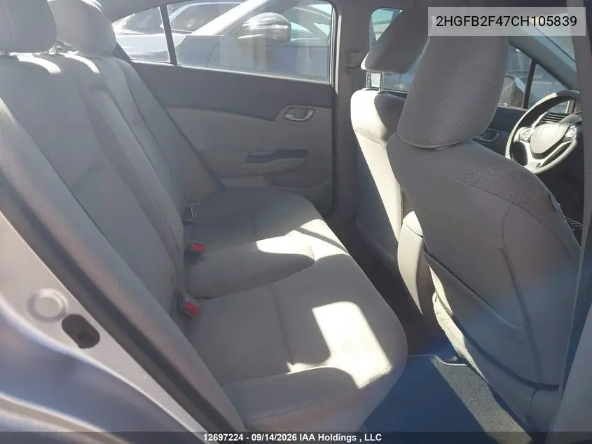2012 HONDA CIVIC VIN 2HGFB2F47CH105839 — фото 8