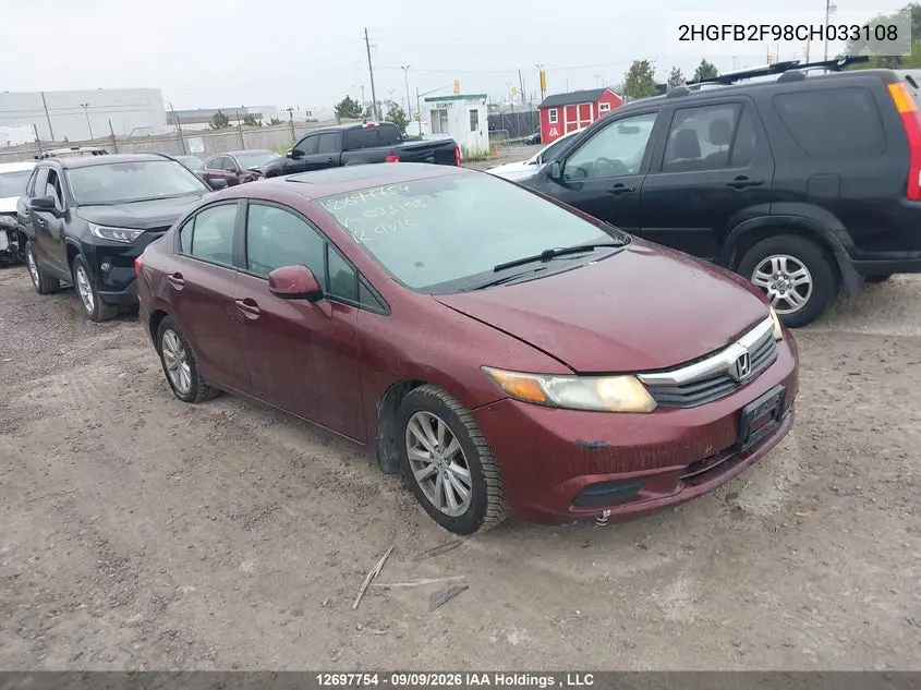 HONDA CIVIC 2012, VIN 2HGFB2F98CH033108