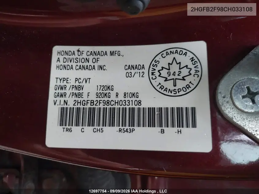 2012 HONDA CIVIC VIN 2HGFB2F98CH033108 — фото 19