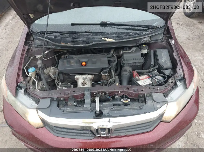 2012 HONDA CIVIC VIN 2HGFB2F98CH033108 — фото 9