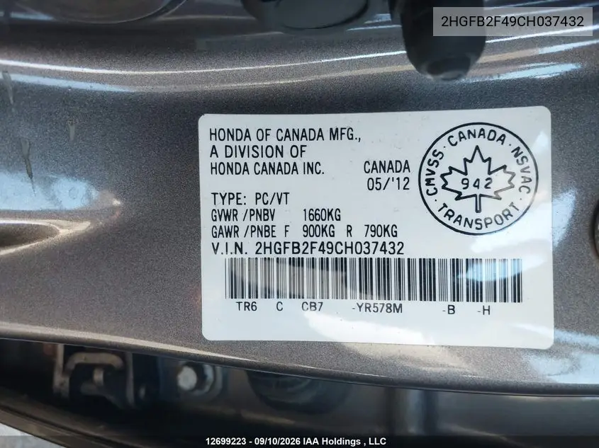 2012 HONDA CIVIC VIN 2HGFB2F49CH037432 — фото 20