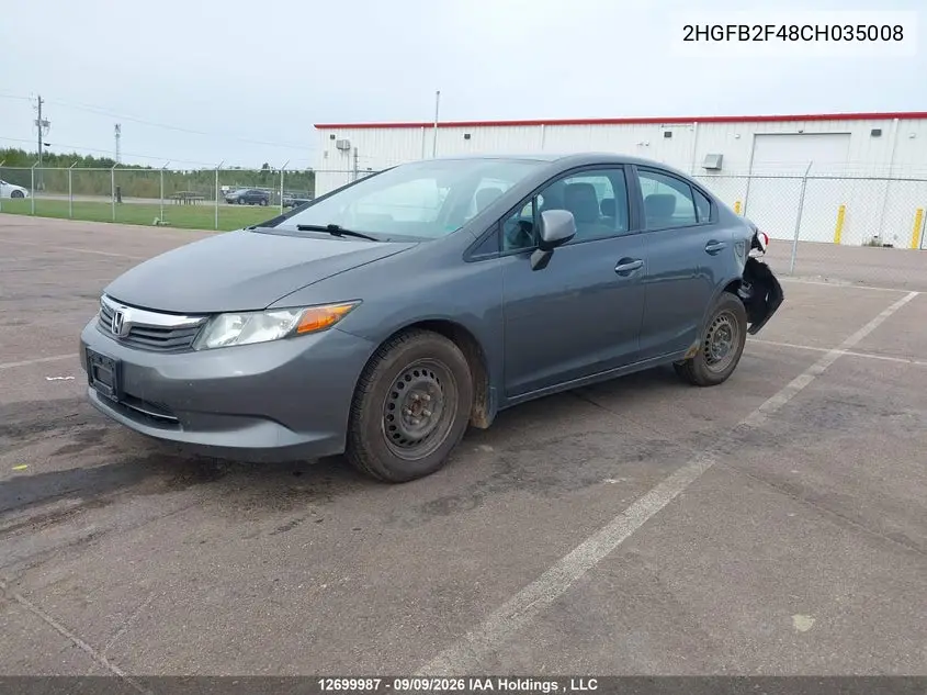 2012 HONDA CIVIC VIN 2HGFB2F48CH035008 — фото 2