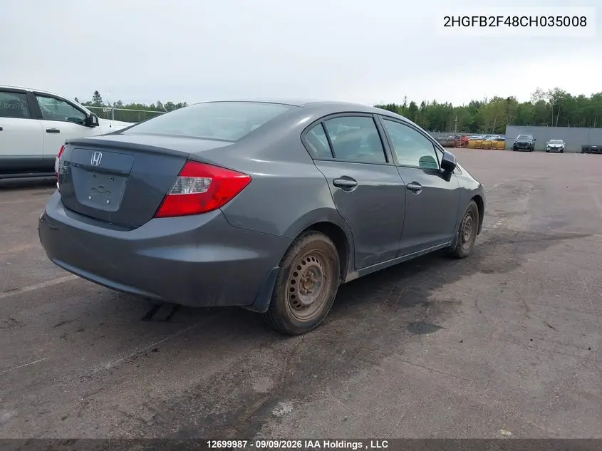 2012 HONDA CIVIC VIN 2HGFB2F48CH035008 — фото 4