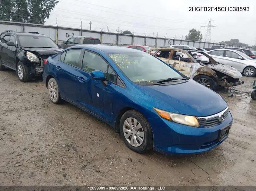 HONDA CIVIC 2012, VIN 2HGFB2F45CH038593