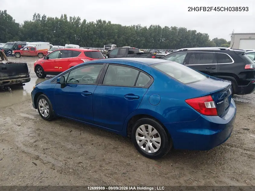 2012 HONDA CIVIC VIN 2HGFB2F45CH038593 — фото 3