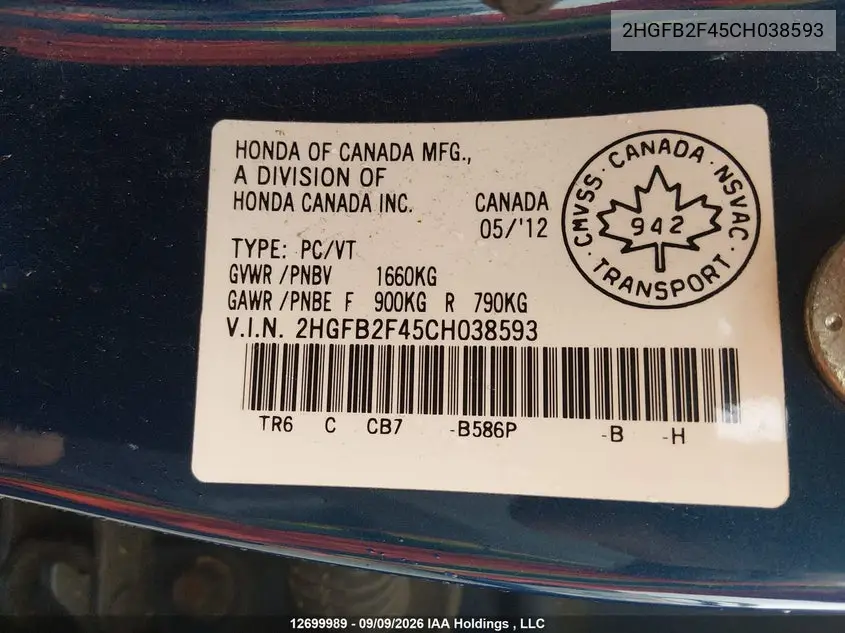 2012 HONDA CIVIC VIN 2HGFB2F45CH038593 — фото 9