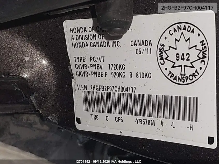 2012 HONDA CIVIC VIN 2HGFB2F97CH004117 — фото 18