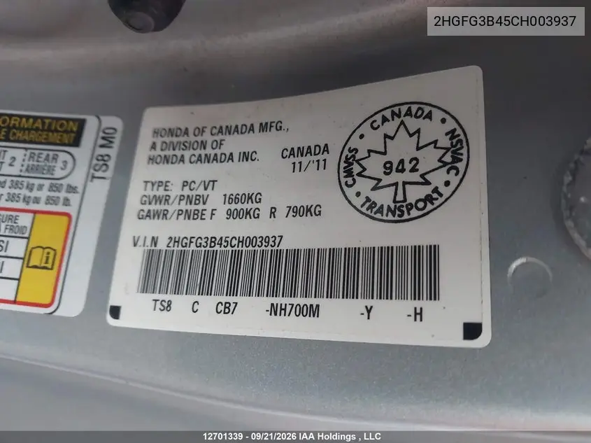 2012 HONDA CIVIC VIN 2HGFG3B45CH003937 — фото 21