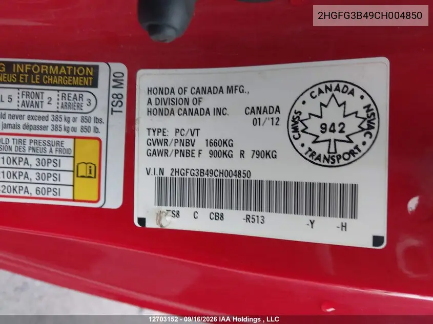 2012 HONDA CIVIC VIN 2HGFG3B49CH004850 — фото 20