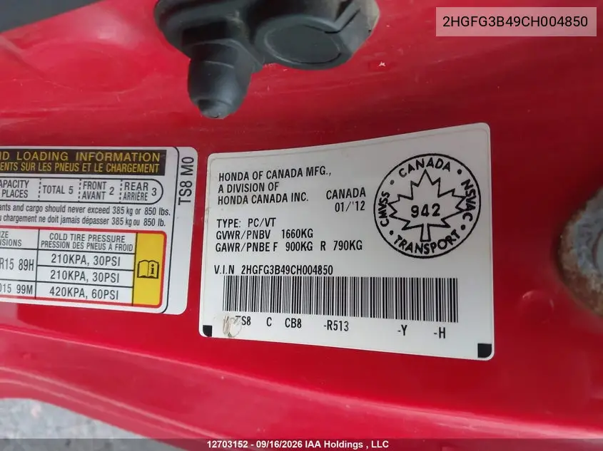 2012 HONDA CIVIC VIN 2HGFG3B49CH004850 — фото 9