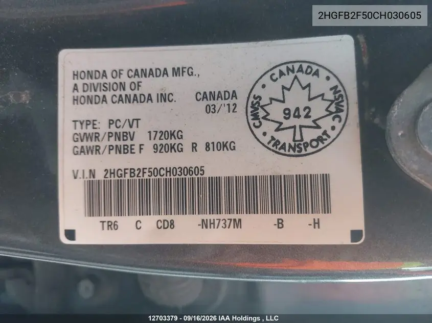 2012 HONDA CIVIC VIN 2HGFB2F50CH030605 — фото 19