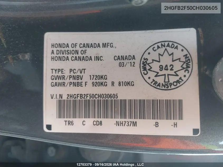 2012 HONDA CIVIC VIN 2HGFB2F50CH030605 — фото 9