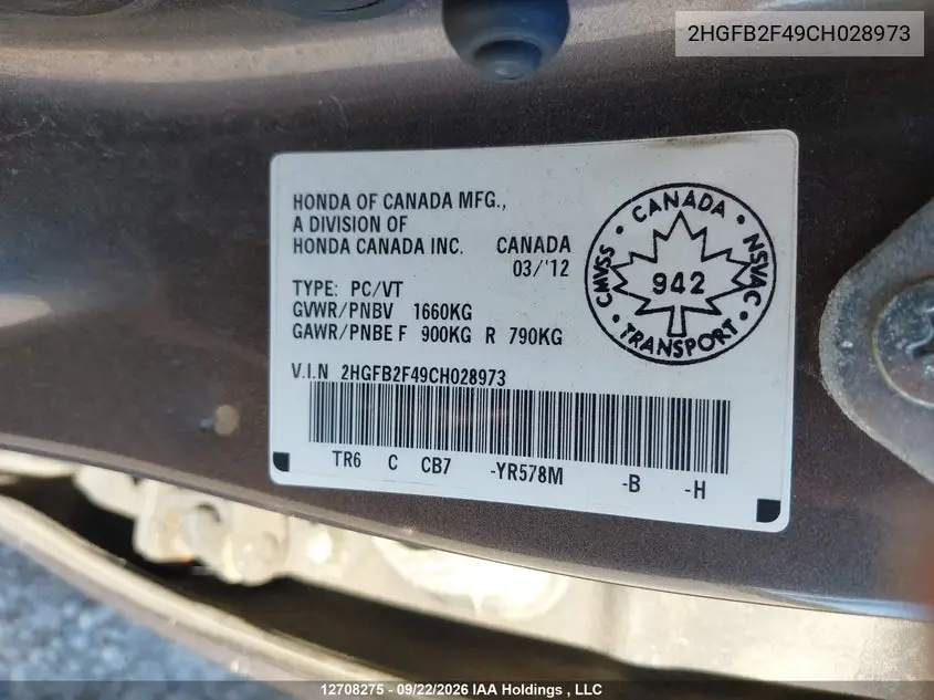 2012 HONDA CIVIC VIN 2HGFB2F49CH028973 — фото 9