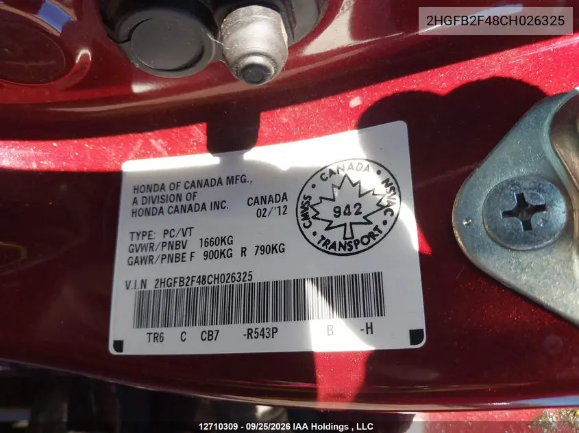 2012 HONDA CIVIC VIN 2HGFB2F48CH026325 — фото 9