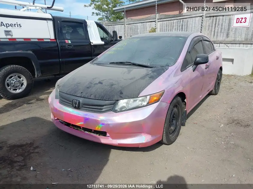 2012 HONDA CIVIC VIN 2HGFB2F45CH119285 — фото 2