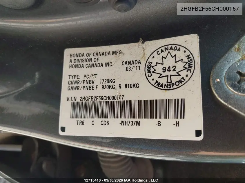 2012 HONDA CIVIC VIN 2HGFB2F56CH000167 — фото 9
