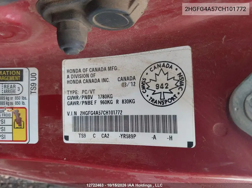 2012 HONDA CIVIC VIN 2HGFG4A57CH101772 — фото 9