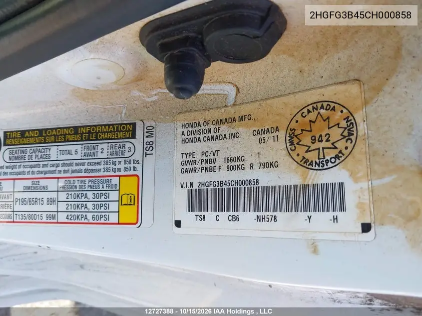 2012 HONDA CIVIC VIN 2HGFG3B45CH000858 — фото 9