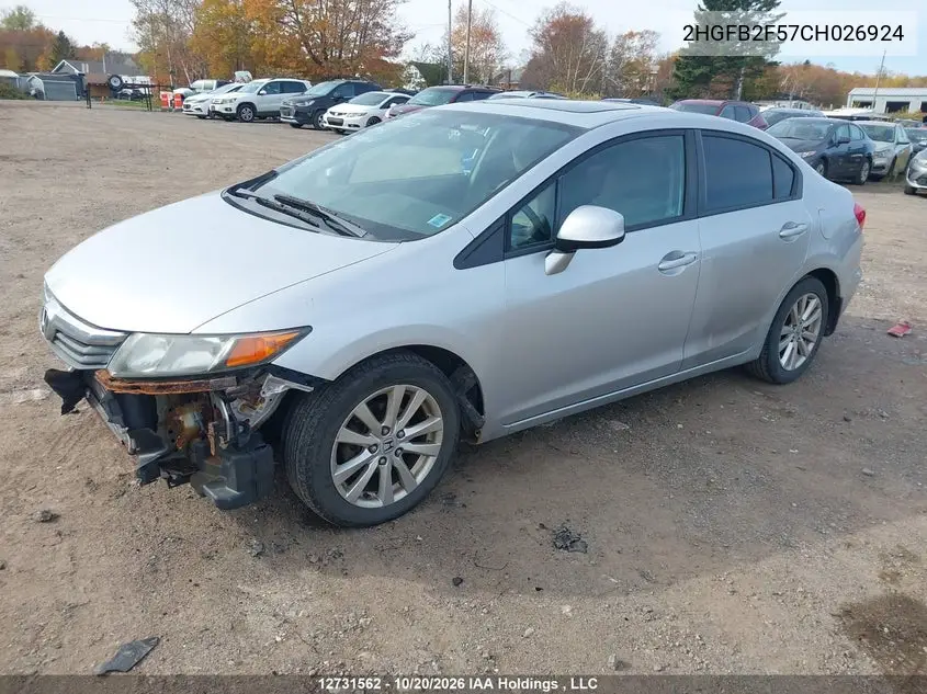 2012 HONDA CIVIC VIN 2HGFB2F57CH026924 — фото 2