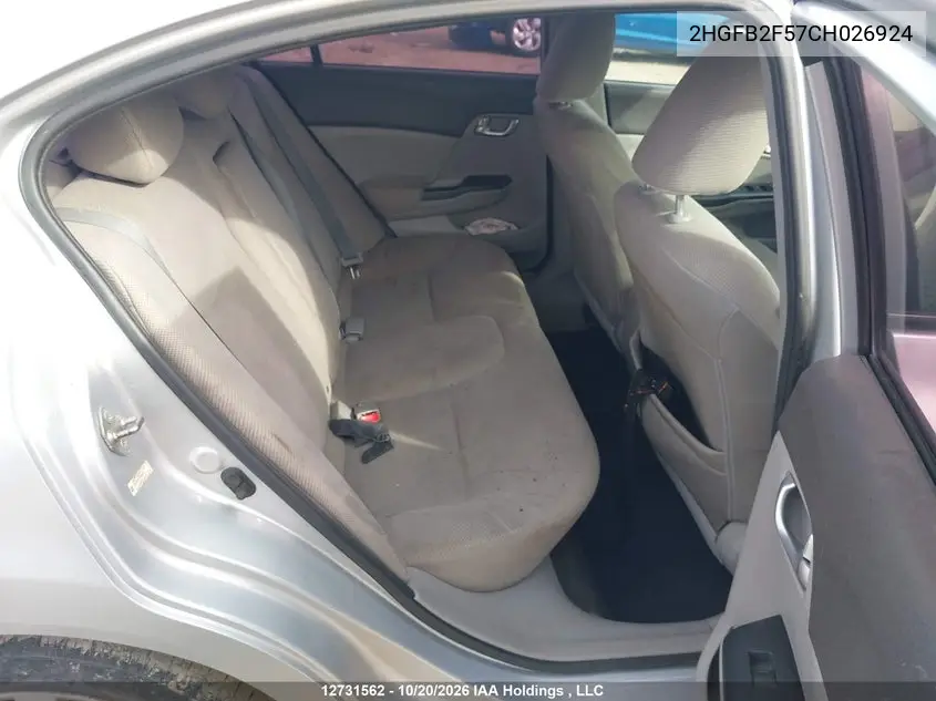 2012 HONDA CIVIC VIN 2HGFB2F57CH026924 — фото 8