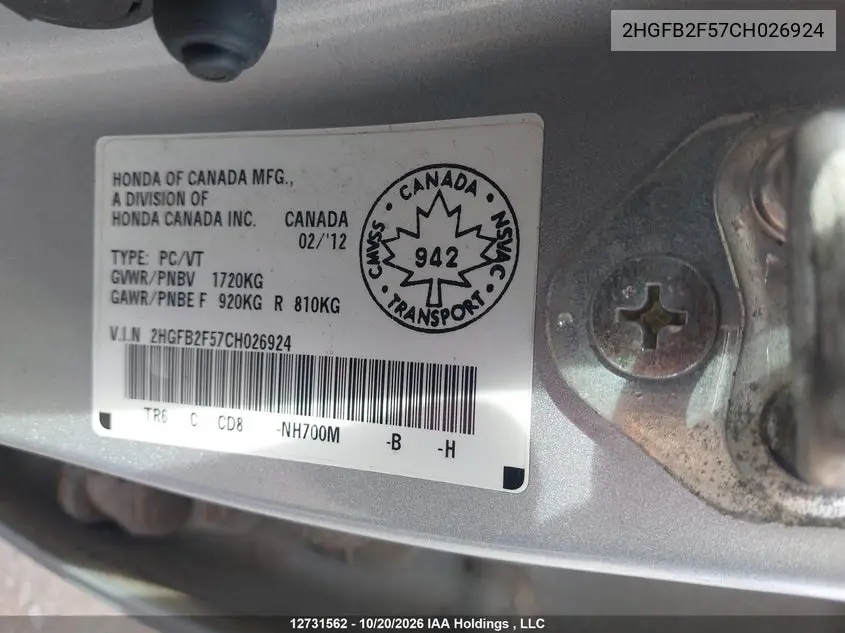 2012 HONDA CIVIC VIN 2HGFB2F57CH026924 — фото 9