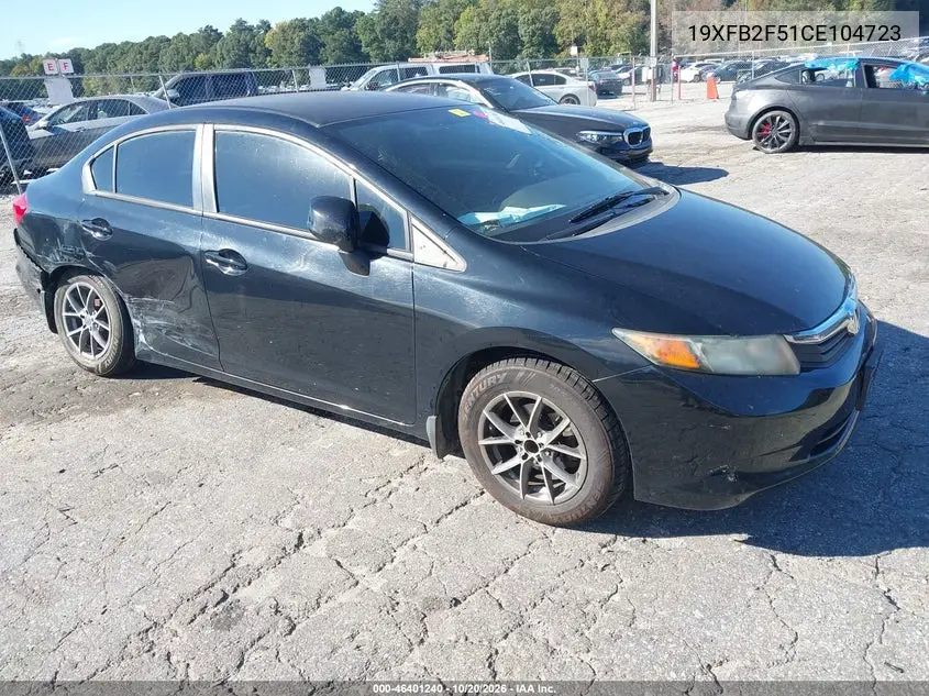 HONDA CIVIC 2012, VIN 19XFB2F51CE104723