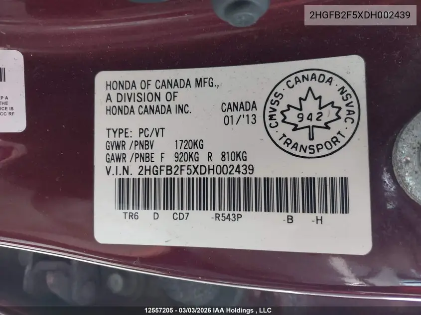 2013 HONDA CIVIC VIN 2HGFB2F5XDH002439 — фото 9
