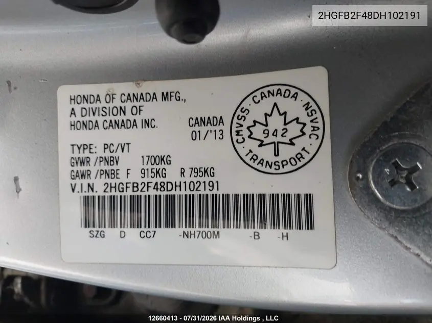 2013 HONDA CIVIC VIN 2HGFB2F48DH102191 — фото 19