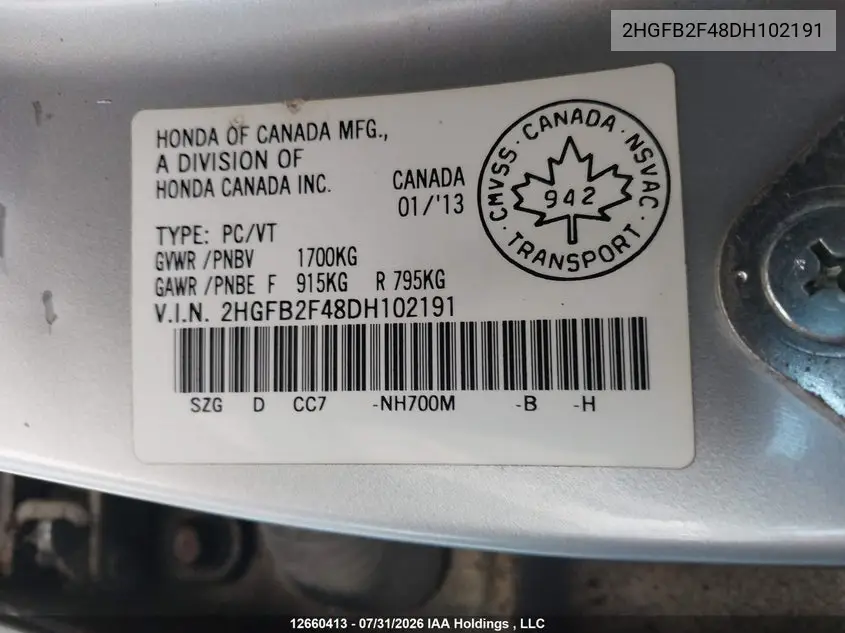 2013 HONDA CIVIC VIN 2HGFB2F48DH102191 — фото 9