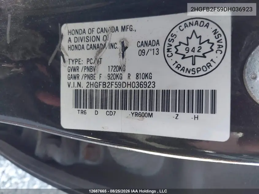 2013 HONDA CIVIC VIN 2HGFB2F59DH036923 — фото 9