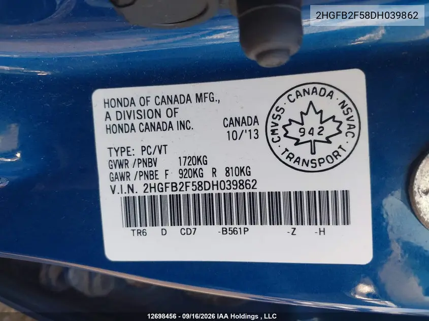 2013 HONDA CIVIC VIN 2HGFB2F58DH039862 — фото 19