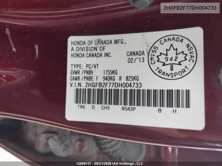 2013 HONDA CIVIC VIN 2HGFB2F77DH004733 — фото 9