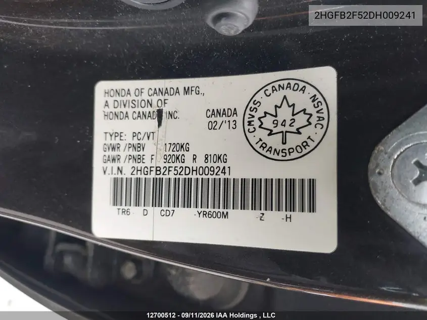 2013 HONDA CIVIC VIN 2HGFB2F52DH009241 — фото 18