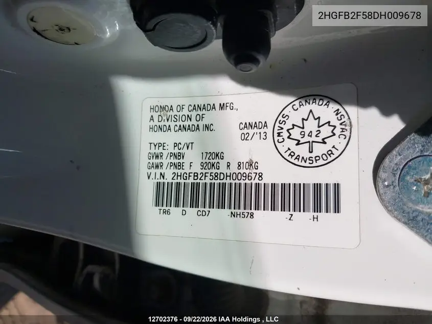 2013 HONDA CIVIC VIN 2HGFB2F58DH009678 — фото 9