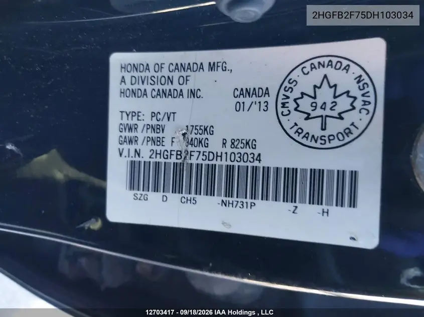 2013 HONDA CIVIC VIN 2HGFB2F75DH103034 — фото 9