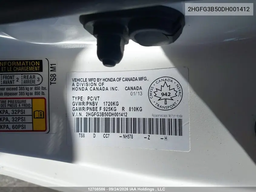 2013 HONDA CIVIC VIN 2HGFG3B50DH001412 — фото 18