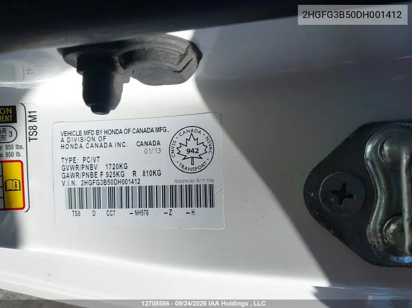 2013 HONDA CIVIC VIN 2HGFG3B50DH001412 — фото 9