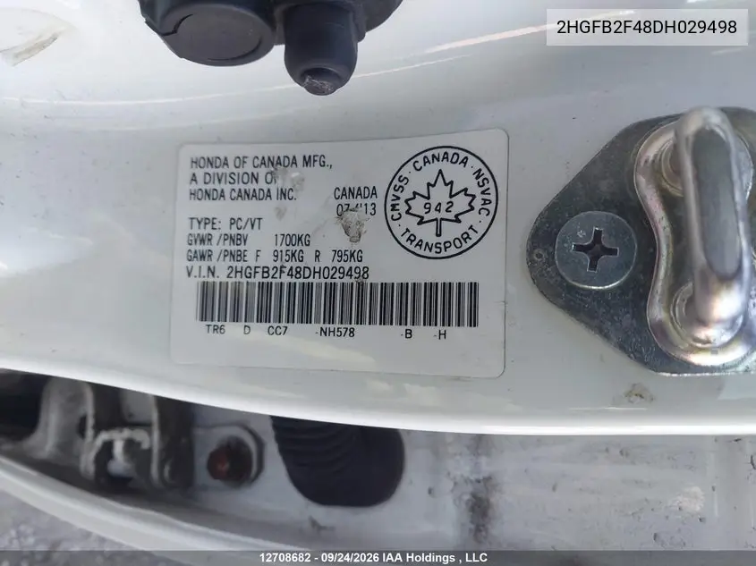 2013 HONDA CIVIC VIN 2HGFB2F48DH029498 — фото 9