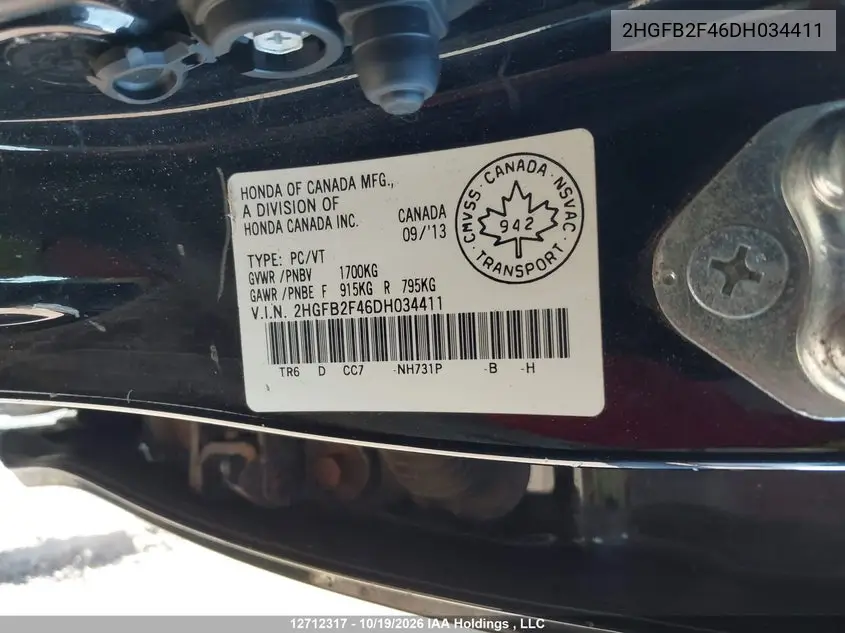 2013 HONDA CIVIC VIN 2HGFB2F46DH034411 — фото 9