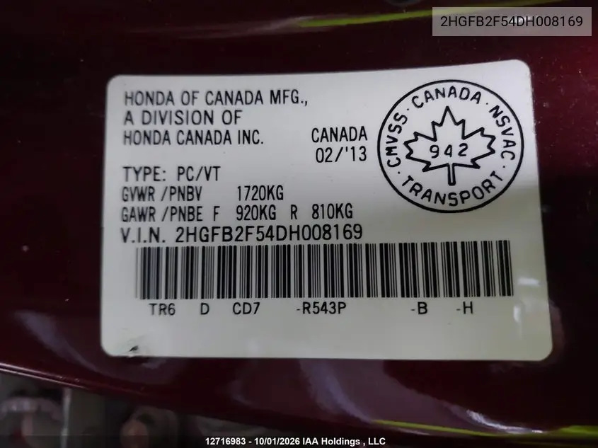 2013 HONDA CIVIC VIN 2HGFB2F54DH008169 — фото 18