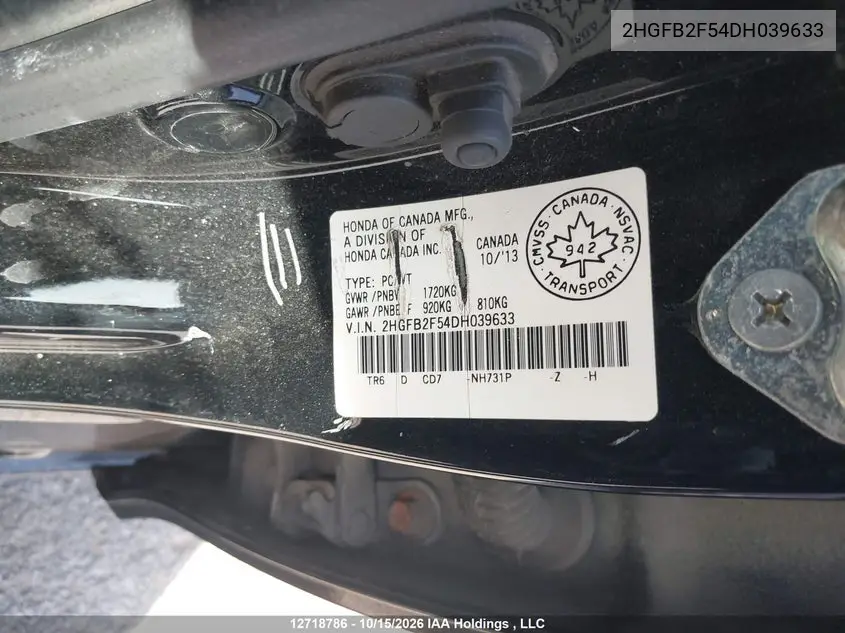 2013 HONDA CIVIC VIN 2HGFB2F54DH039633 — фото 9