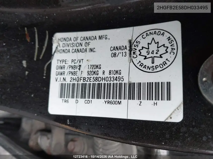 2013 HONDA CIVIC VIN 2HGFB2E58DH033495 — фото 18