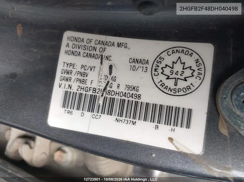 2013 HONDA CIVIC VIN 2HGFB2F48DH040498 — фото 18